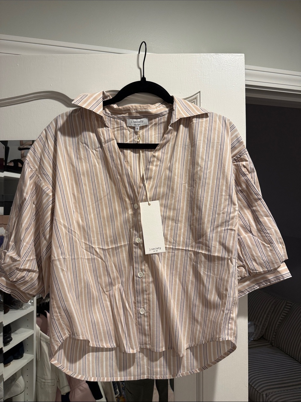 J. Crew Men’s Tan and White Striped Button-Down Shirt